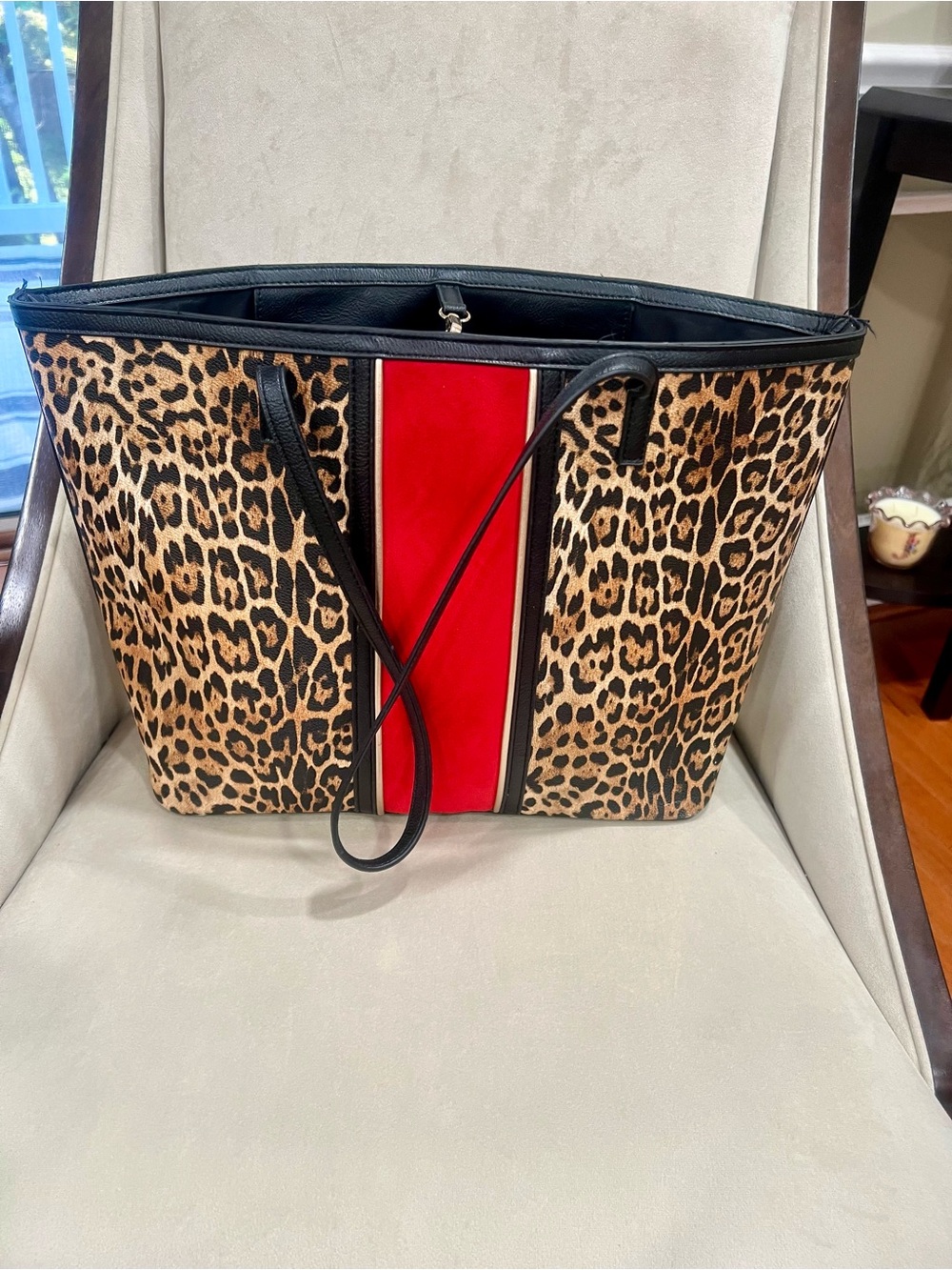 Chico's Leopard Print Tote with Red Center Stripe and Black Trim